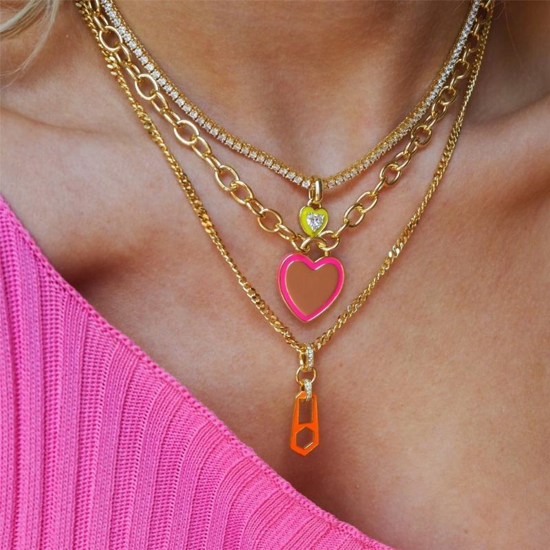 Colorful Zircon Heart Neckchain Tennis Chain Necklace for Women Fashionable Rhinestone Choker Versatile Jewelry Decor