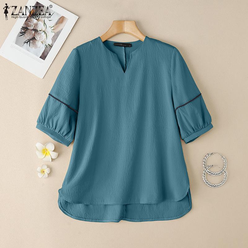 ZANZEA Damen Lässig V-Ausschnitt Locker Sommer Halbarm Bluse