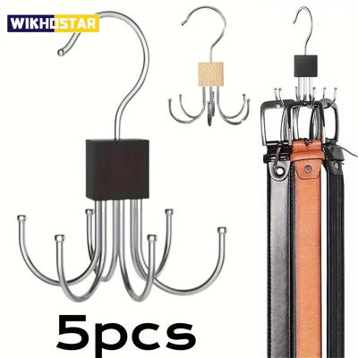 5pcs 360° Rotating Storage Hanger Hook Multi-Claw Bag Metal Belts Rack Wooden Organizer For Bras Ties Household Closet Acces