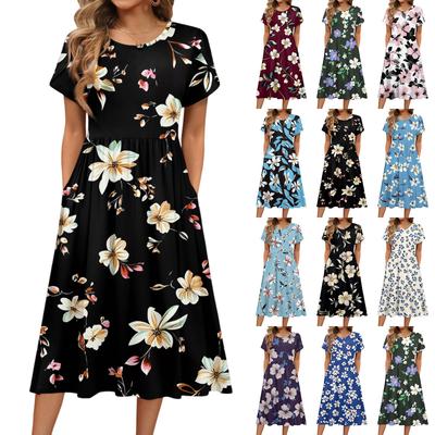 Kadın Modası Yaz Yuvarlak Yaka Kısa Kollu Çiçek Desenli Plaj Elbiseleri