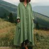 Women's Ruffle Trim V Neck Dress Summer Casual Loose Long Sleeve Maxi Dress Flowy Boho Beach Sundress with Pockets