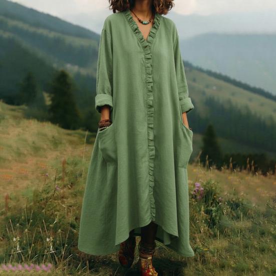 Women's Ruffle Trim V Neck Dress Summer Casual Loose Long Sleeve Maxi Dress Flowy Boho Beach Sundress with Pockets