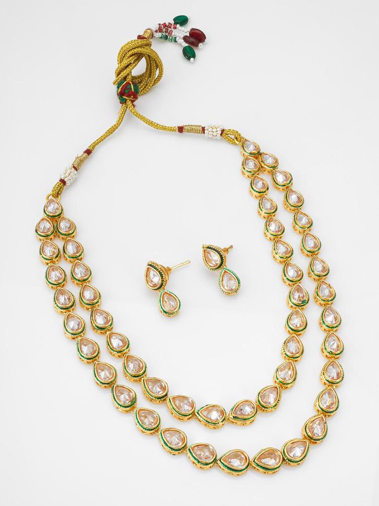 Gold-Plated  White Stone-Studded & Beaded Handcrafted Jewellery Set