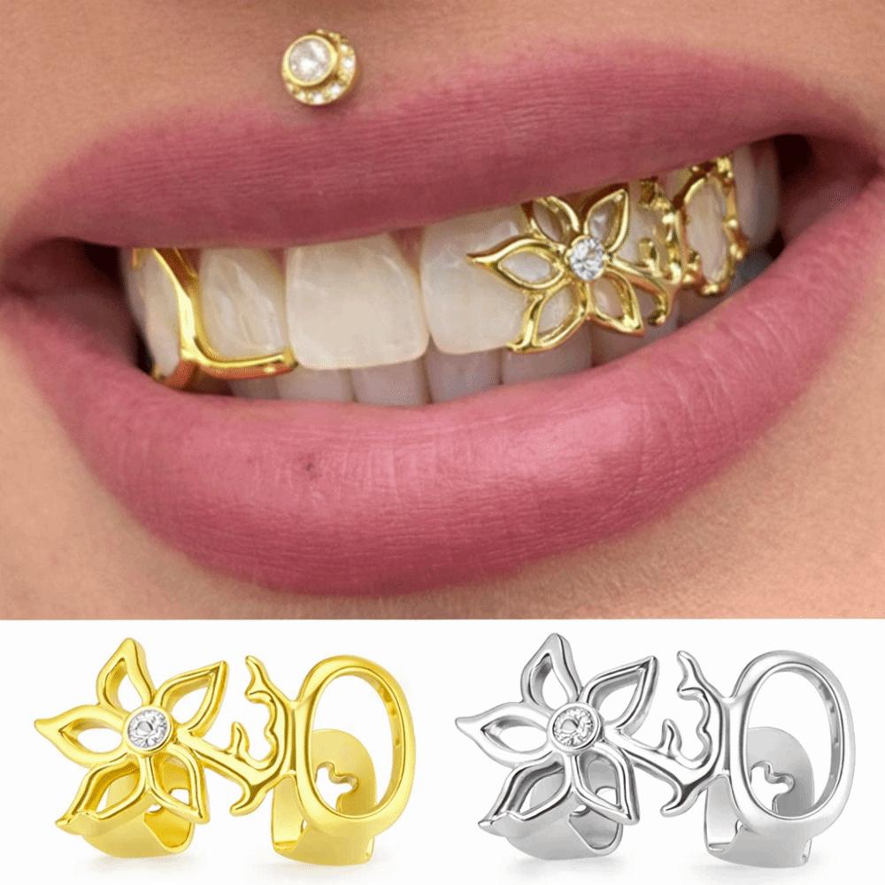 Topmix Women's Gold New Glossy Finish Double Hollow Flower Grillz Silver Teeth Grillz Vintage Copper Irregular Shape Tooth Grills Cosplay