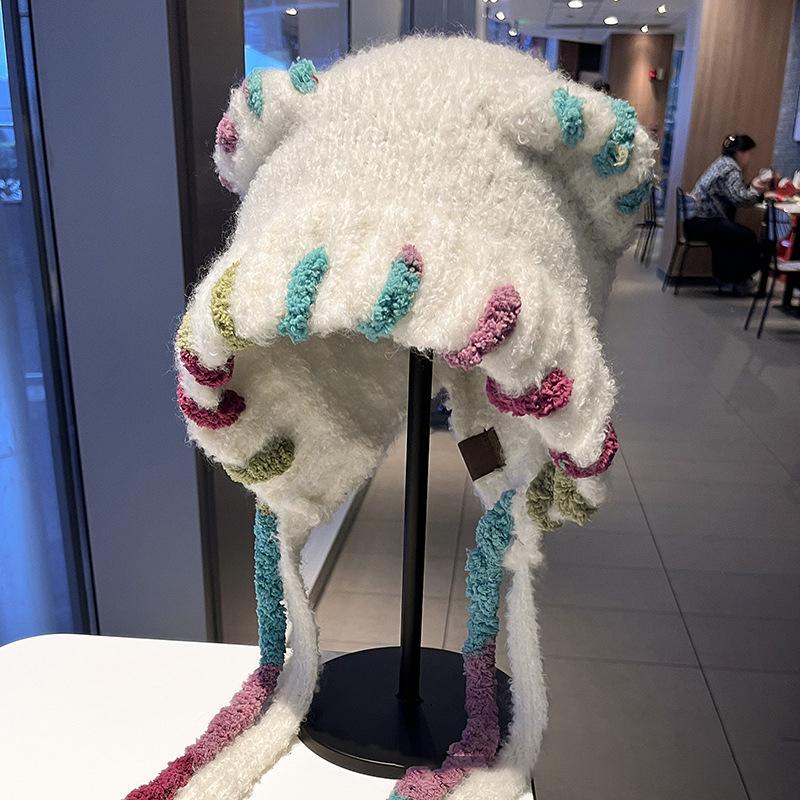 Dopamine Cat Ears Plush Bomber Hat Women Autumn Winter Cycling Cold And Warm Face Small Bag Head Ear Protection Knitted Hat