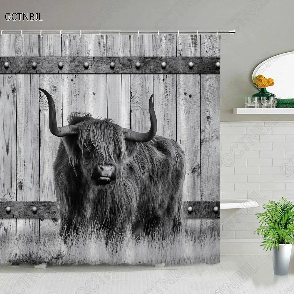 Funny Highland Bull Shower Curtains Set Western Bull Portrait Brown Wood Panel Rustic Landscape Barn Bath Curtain Bathroom Decor