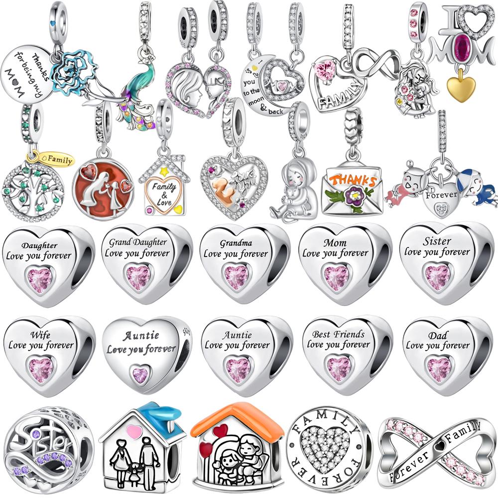 New Charms Copper Sister Daughter Mum Mother Family Love Heart Beads Fit Origina Bracelet Necklace Diy Jewelry