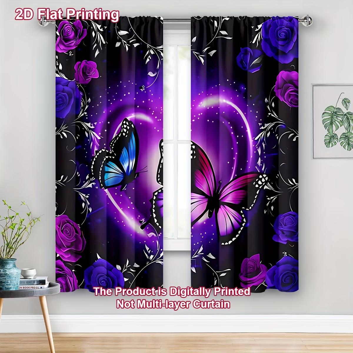 

2PC Purple Rose Butterfly Glow Sheer Curtains - Mystical Romantic Print Window Drapes for Bedroom Living Room Decor 24x59in(60x150CM)x2&Rod Pocket