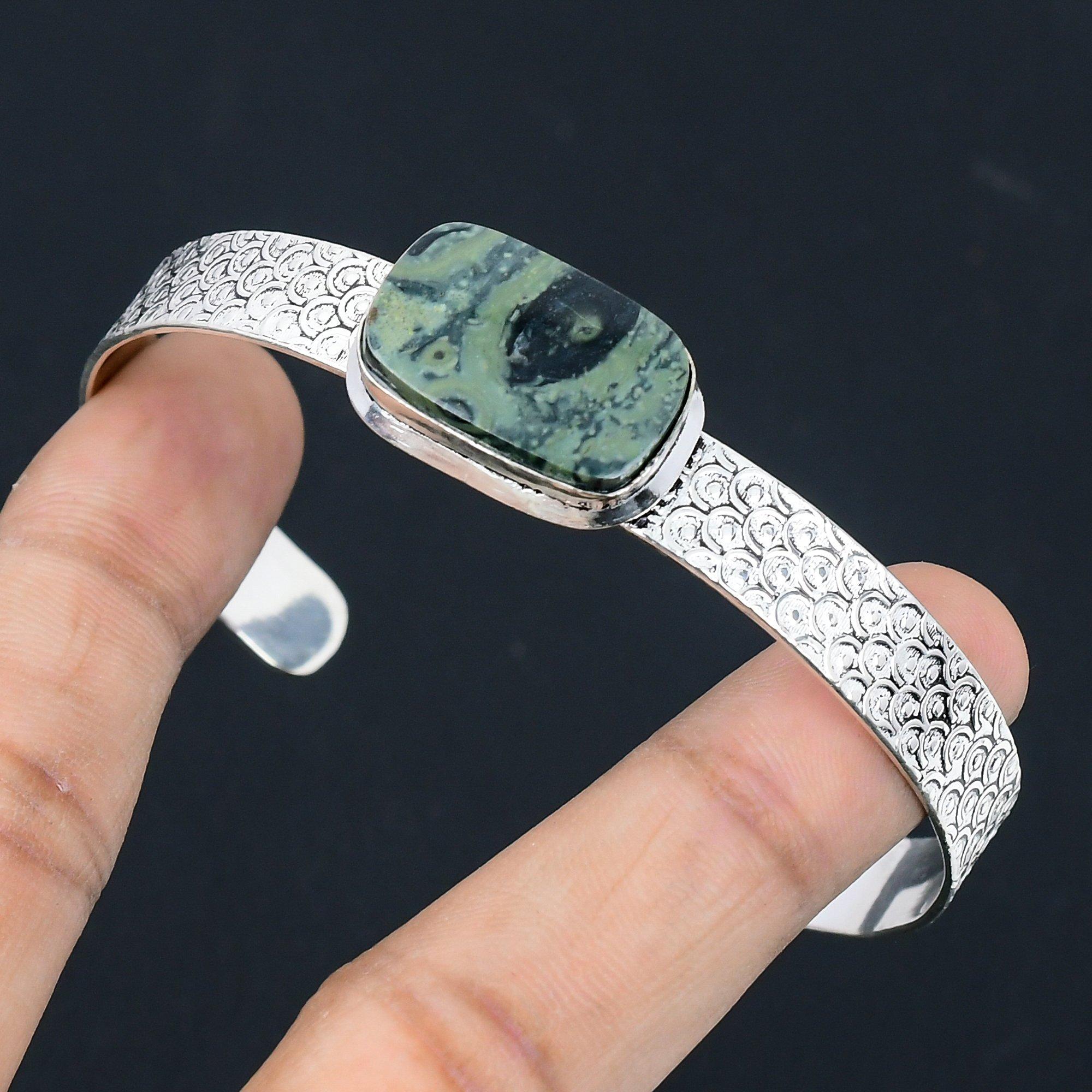 

Natural Kambaba Jasper Gemstone Bangle Adjustable 925 Sterling Silver For Girls Adjustable