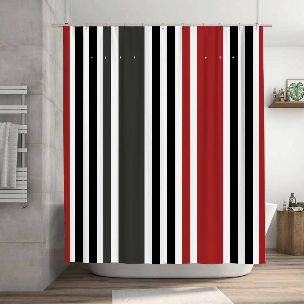 Modern Bath Shower Curtain with Bold Stripes Waterproof Fabric for Home Decor In Red Black Size 180x240cm