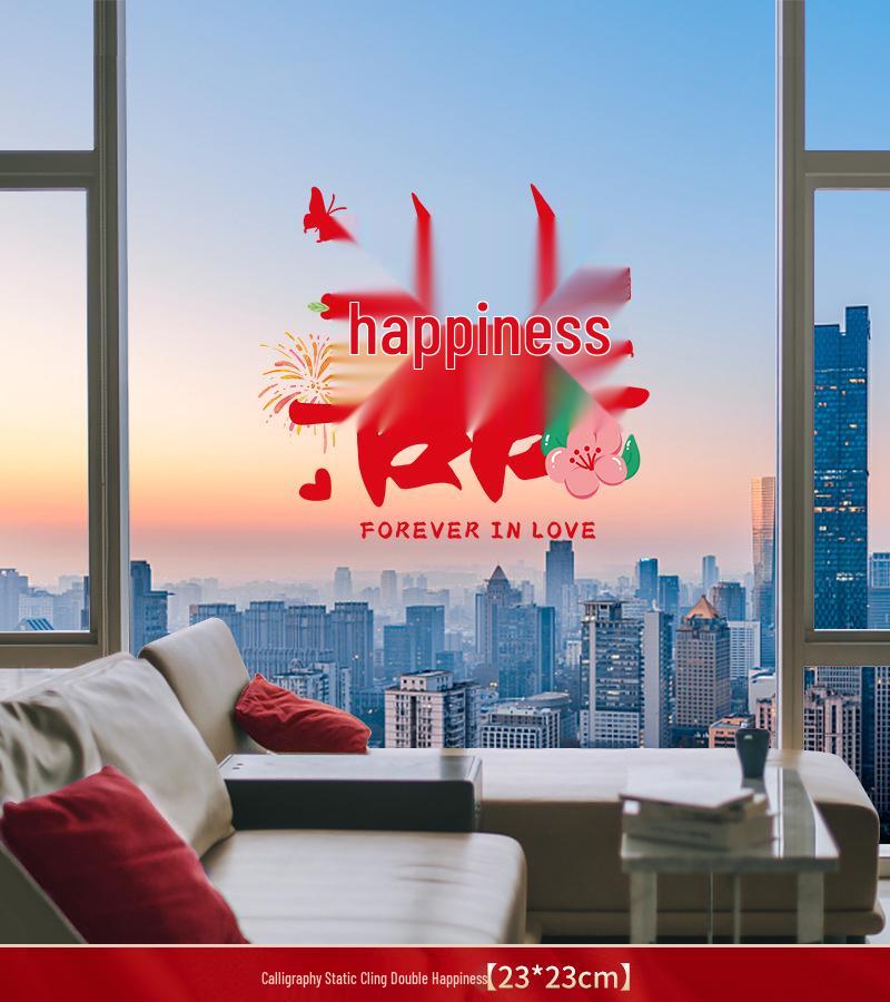 Xi Character Flocked Wedding Window Clings for Living Room Decoration