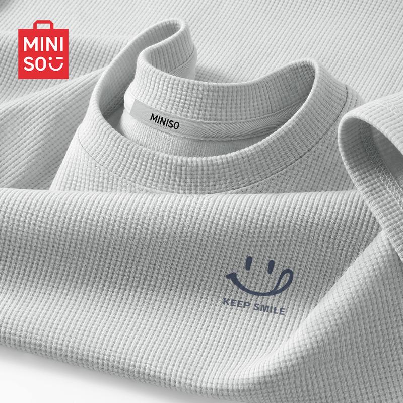 MINISO Men s Heavyweight Waffle Knit Round Neck T-Shirt 2XL светло-серый