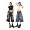Summer American Retro Loose Small Man Distressed Cropped Denim High Street Design Sense Wide-leg 7-point Pants Summer
