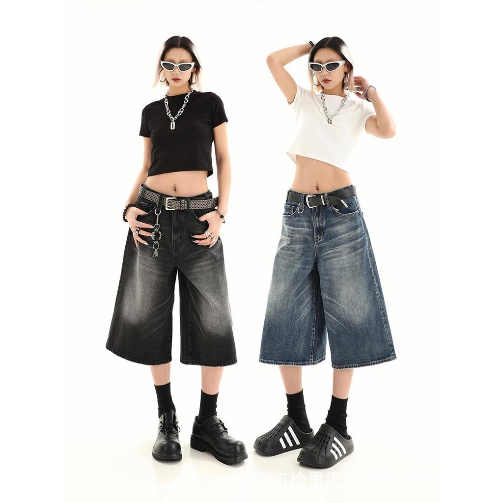 Summer American Retro Loose Small Man Distressed Cropped Denim High Street Design Sense Wide-leg 7-point Pants Summer