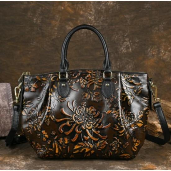 New Retro Chinese Style Handmade Genuine Leather Hand-rubbed Color and Three-dimensional Embossed Ladies' Bags