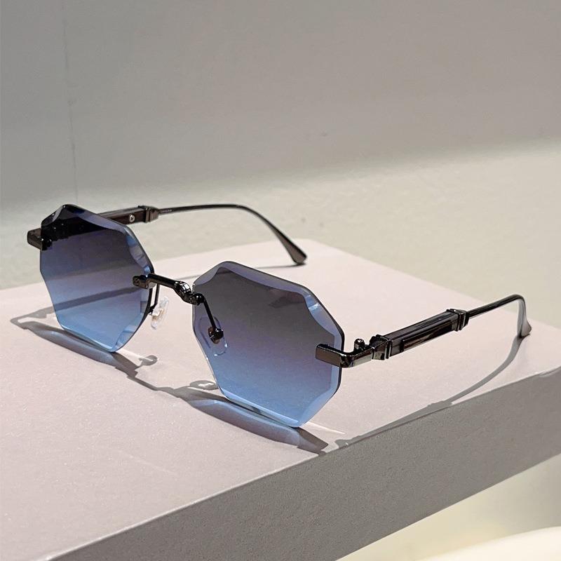 Non-polarized Europe and America Polygon Diamond Edge Trimming Rimless Sunglasses Men Women Fashion Ocean Slicemetal Frame Glasses