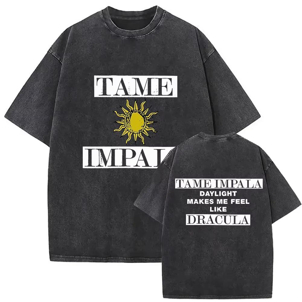 Tame Impala Tour Album Vintage Washed Tshirt Mens Hip Hop Gothic Tshirts Casual Oversized Short Sleeve T Shirt Streetwear