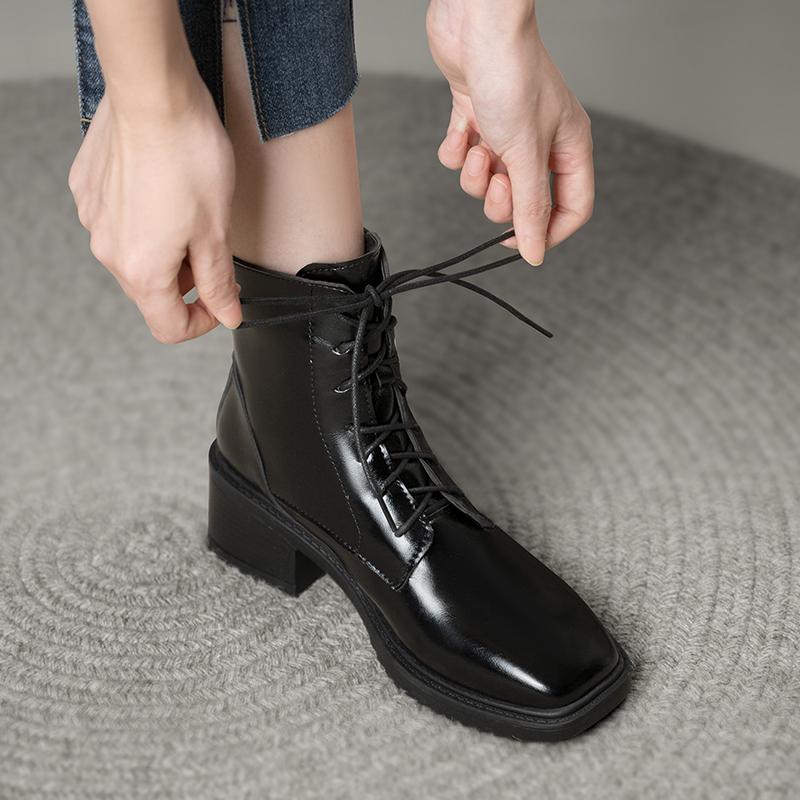 2024 Autumn and Winter New Fashion Solid Color Women's Boots French High Heel Short Boots Lace Up Niche Versatile Square Toe