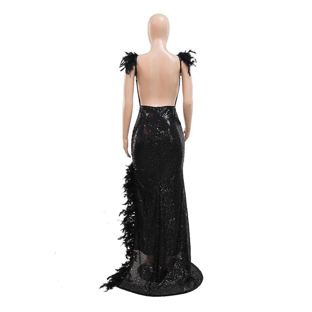European & American Sexy Feather Sequin High Slit V-Neck Open Back Party Dress