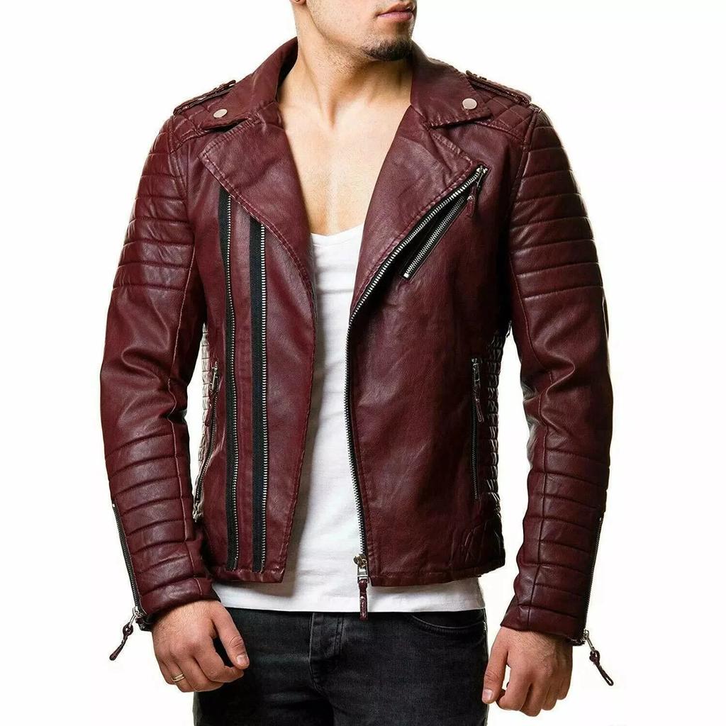 Genuine Lambskin Men's Jacket Burgundy Leather Handmade Stylish Motorcycle Fit
