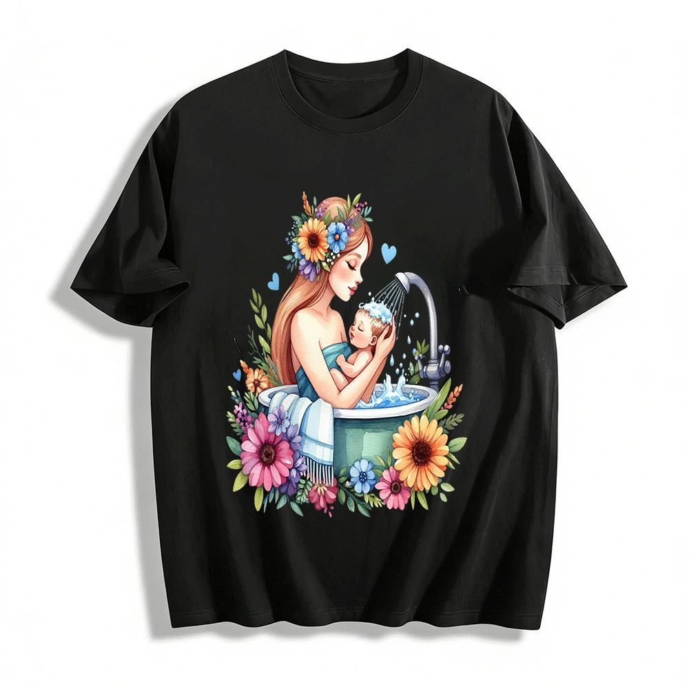 Mother And Baby Bath Time Floral Print Casual T-Shirt Pure cotton T-shirt XXS