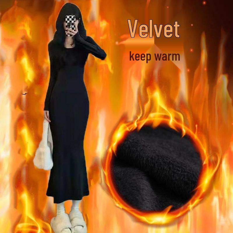 Women's Fleece-Lined Long Fishtail Dress - Pure & Sexy Style, Slimming Square Neck, Perfect for Autumn/Winter.