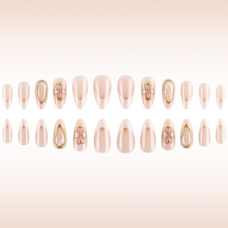 24pcs Almond Press On Nail Full Cover Stick On Nail with 3D Floral Charm Acrylic False Nail Manicure Art Decoration