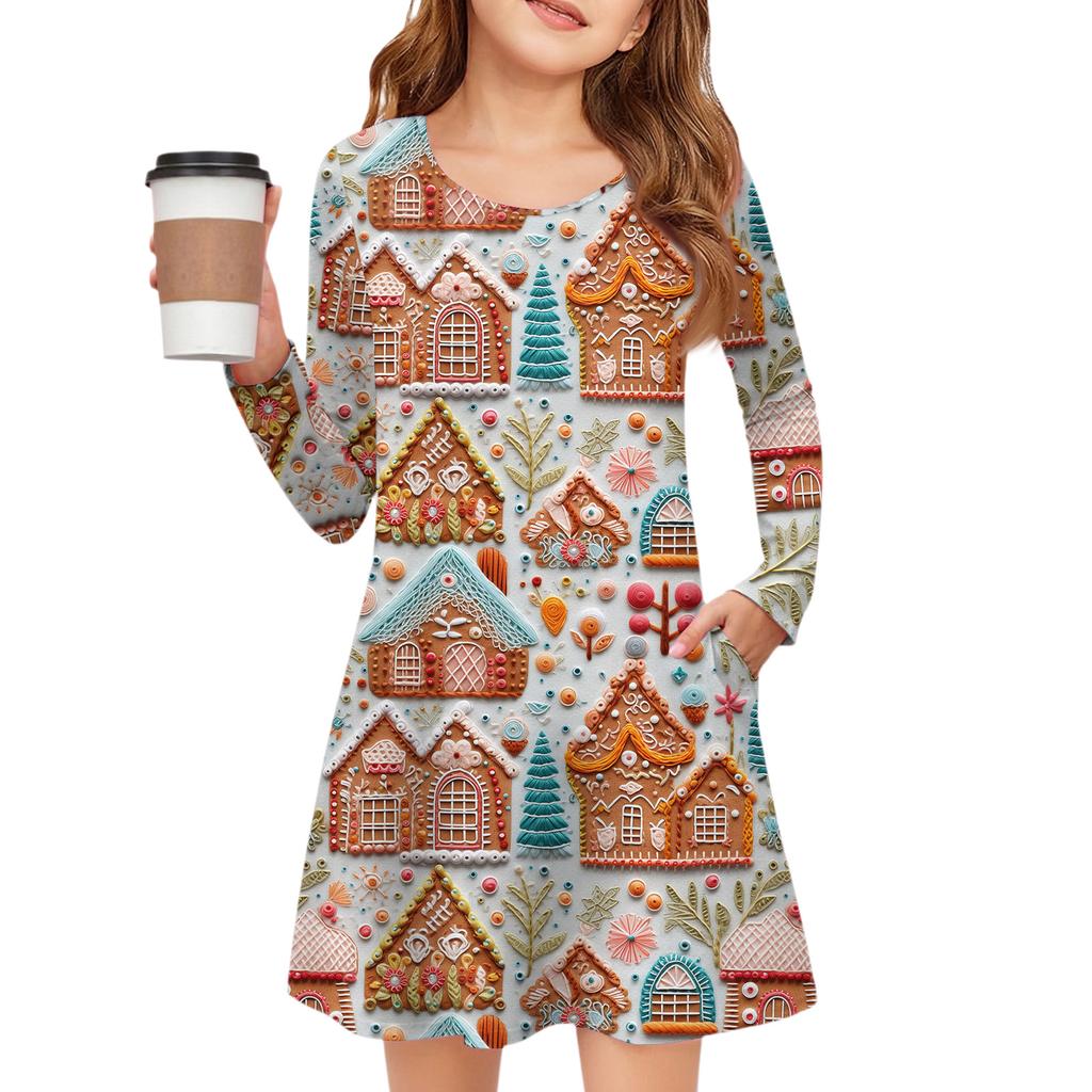 Christmas Day Girls' Long Sleeve Dress - Color Pocket Dress