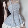 French summer new neck bow suspender dress female slim and thin plaid high waist tutu