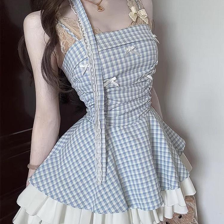 French summer new neck bow suspender dress female slim and thin plaid high waist tutu