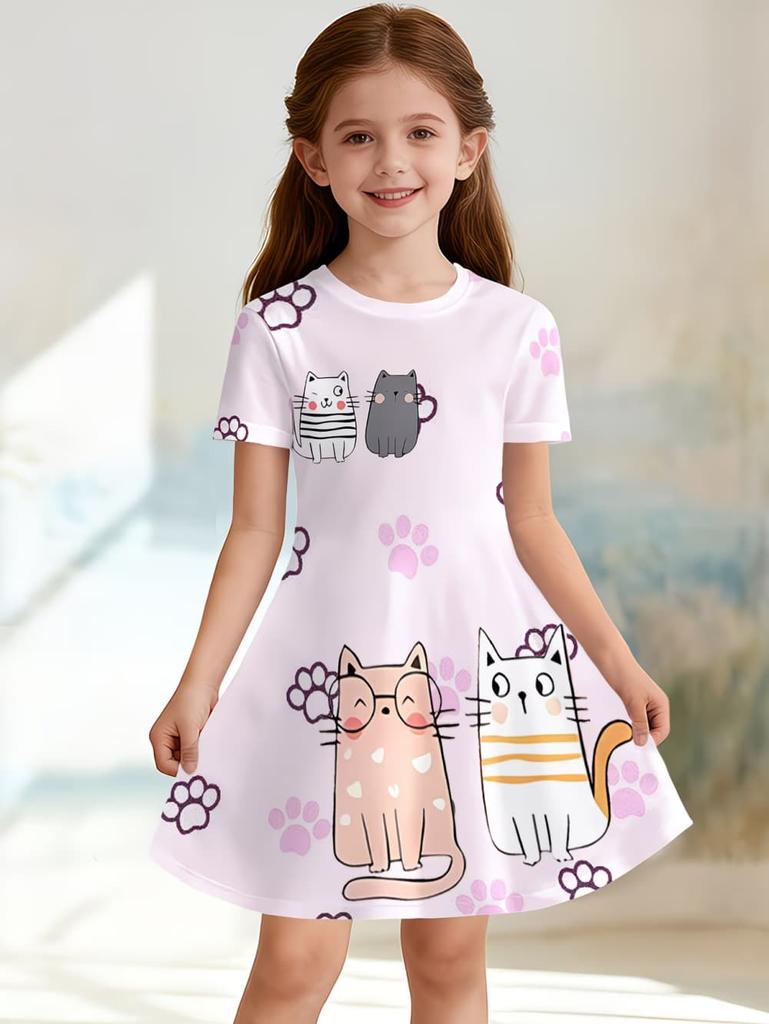 Girl Clothes Cartoon Cat Graphic Printed Girls' Princess Dress Summer Casual Dress for Girls Outfit O-Neck Birthday Gift Clothes
