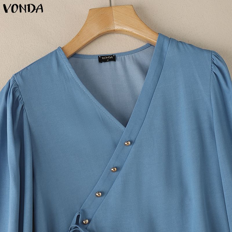VONDA Women V-Neck Long Sleeve Lace-up Irregular Solid Color Casual Blouse