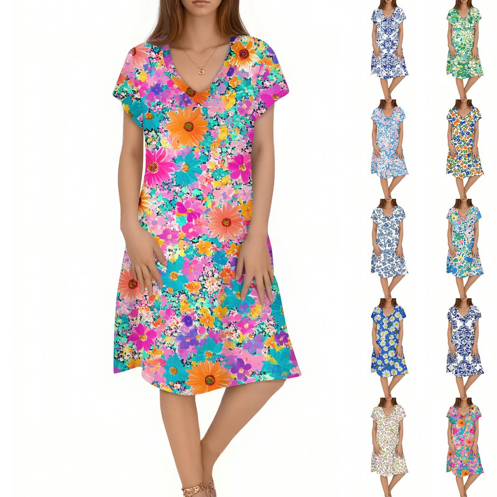 

Women s Casual Fashion V-Neck Short Sleeve Floral Print Midi Flowing Dress XXL