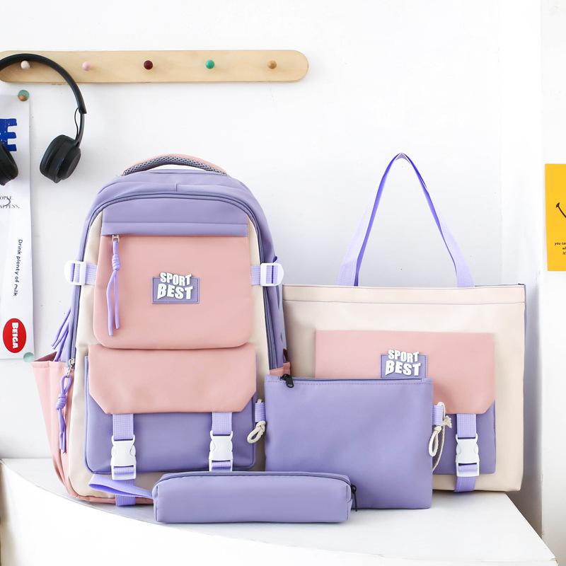 School bag trend nylon four-piece backpack fashion contrasting color school backpack large capacity college student school bag women
