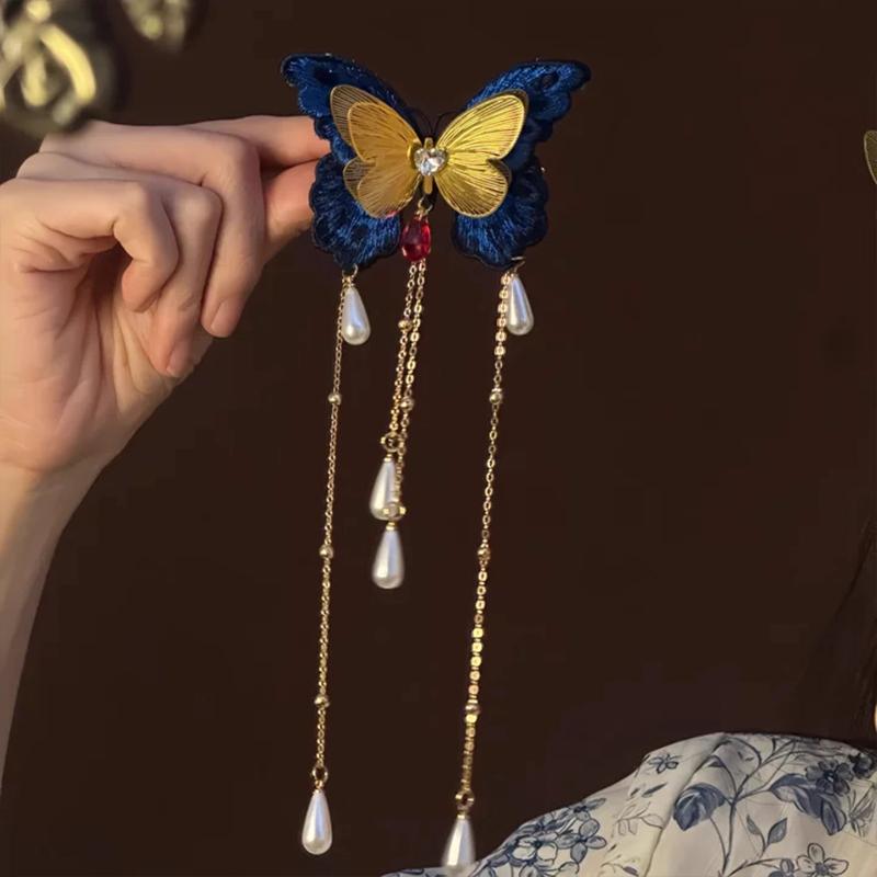 Chinese Style Embroidered Blue Butterfly Hairpin Pearl Tassel Hair Accessory Hanfu Hairpin Headwear Decoration
