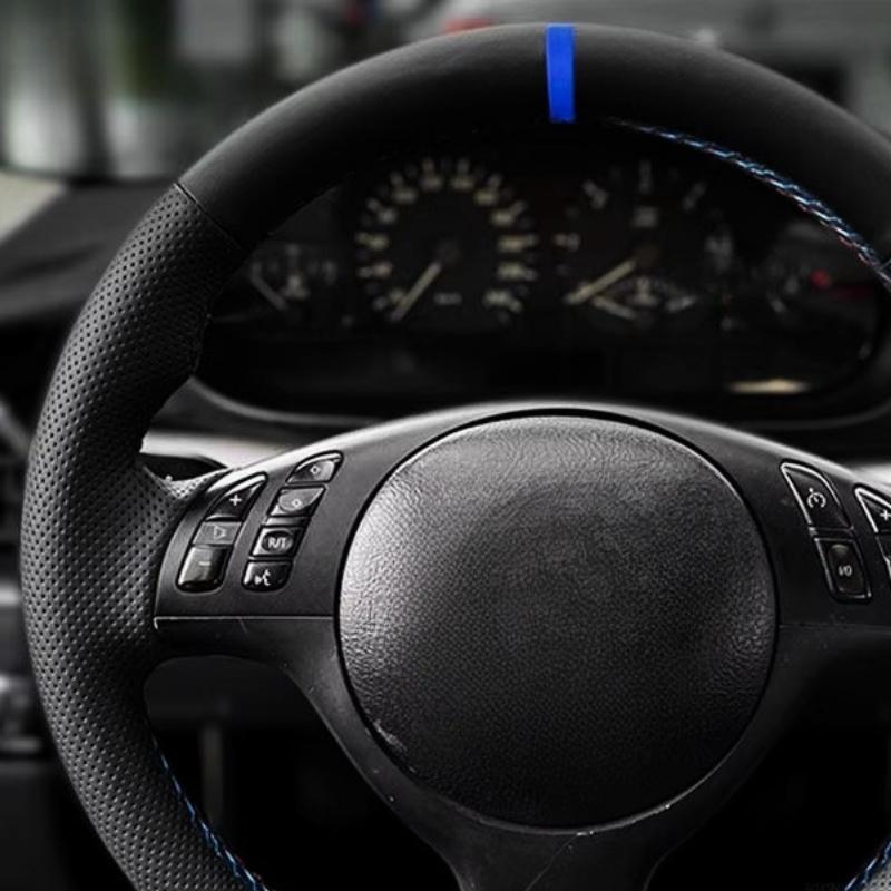 Hand Braid Car Steering Wheel Cover For BMW M Sport 3 5 Series E46 E39 M3 M5 Black Perforated Leather Red Blue Line Blue Strip