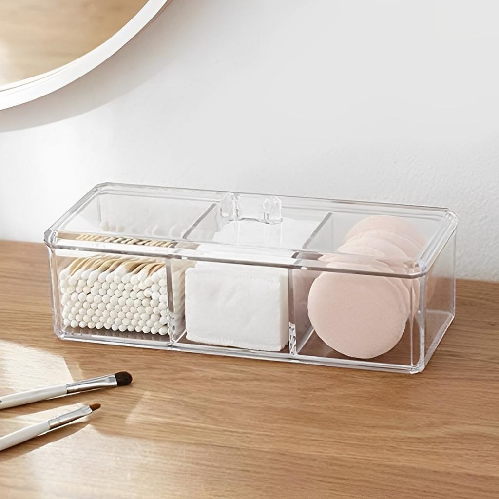 Organisateur de support de tampons de coton Boîte de rangement de tampons cosmétiques à 3 compartiments avec couvercle Distributeur de support de pinceau de maquillage en acrylique Coton transparent