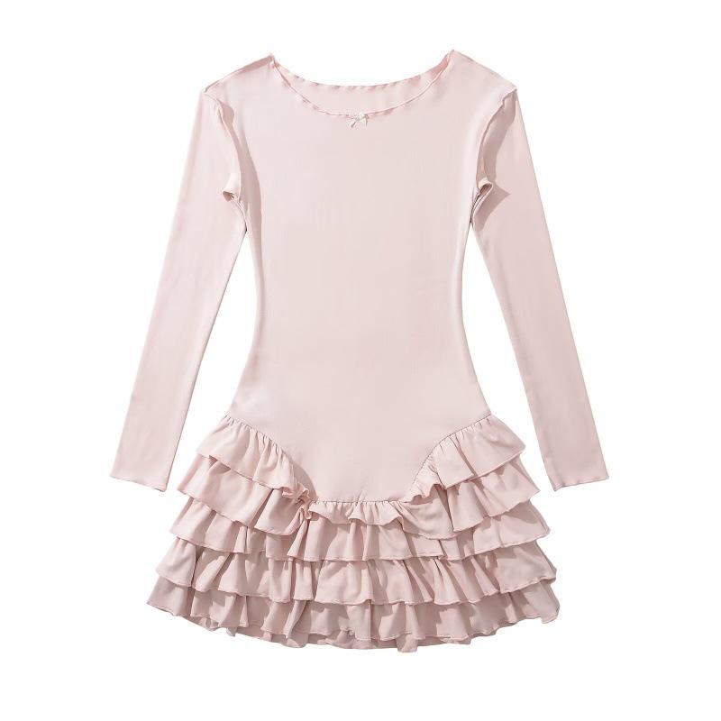 

Женское платье с рюшами, кружевом и пэчворком, длинный рукав, лето 2025: Европейский и американский дизайн Small розовый