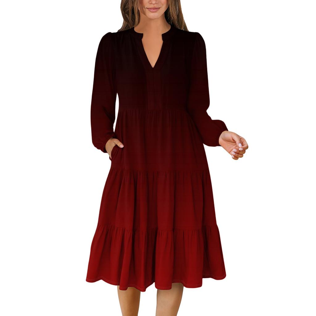 Women's V-Neck Flowing Layered Bohemian Long Sleeve Gradient Print Dress