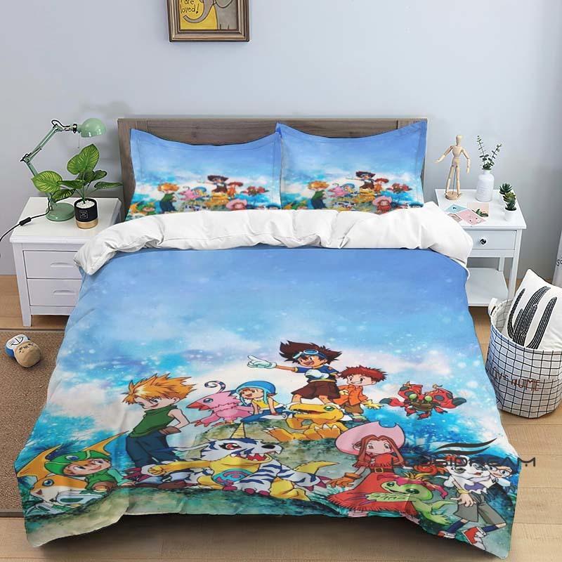 Digimon Cartoon 3D-Printed Bedding Set—Includes Duvet Cover and Pillowcases—Available for Single, Double, King, and Queen-Sized