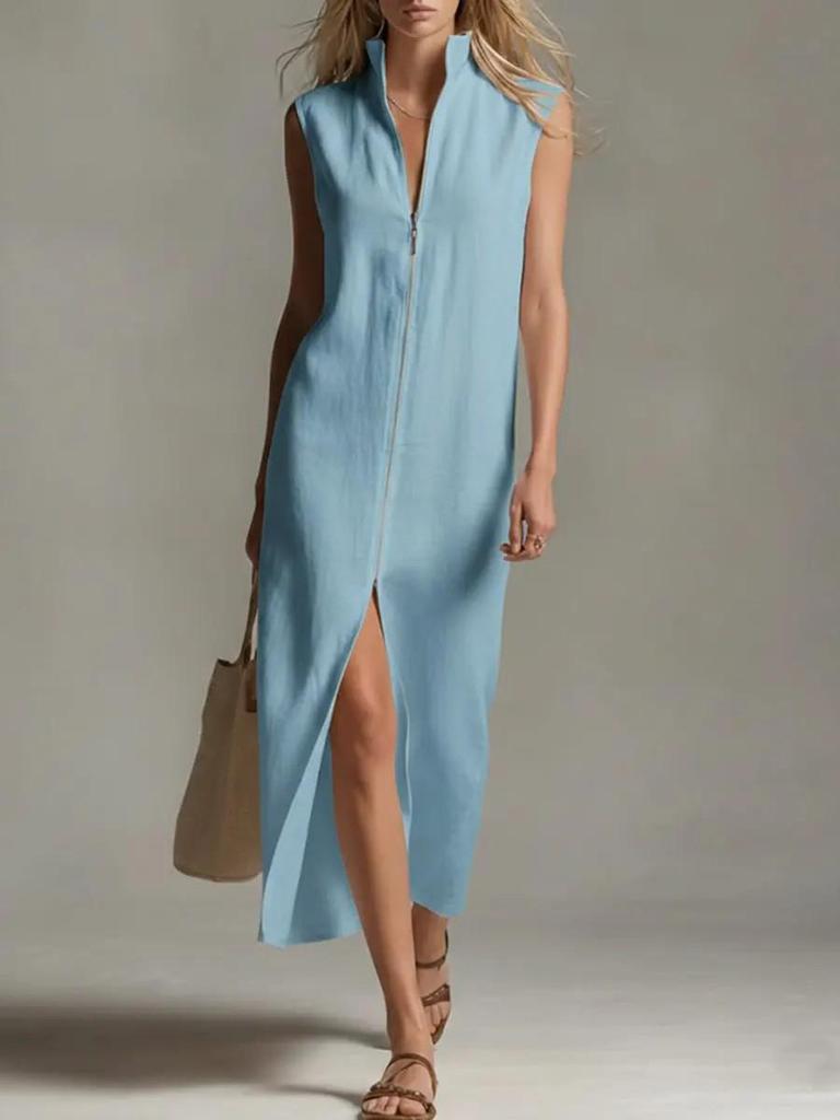 2026 Sleeveless Zipper Stand Collar Slit Casual Summer Dress - European & American Women's Fashion
