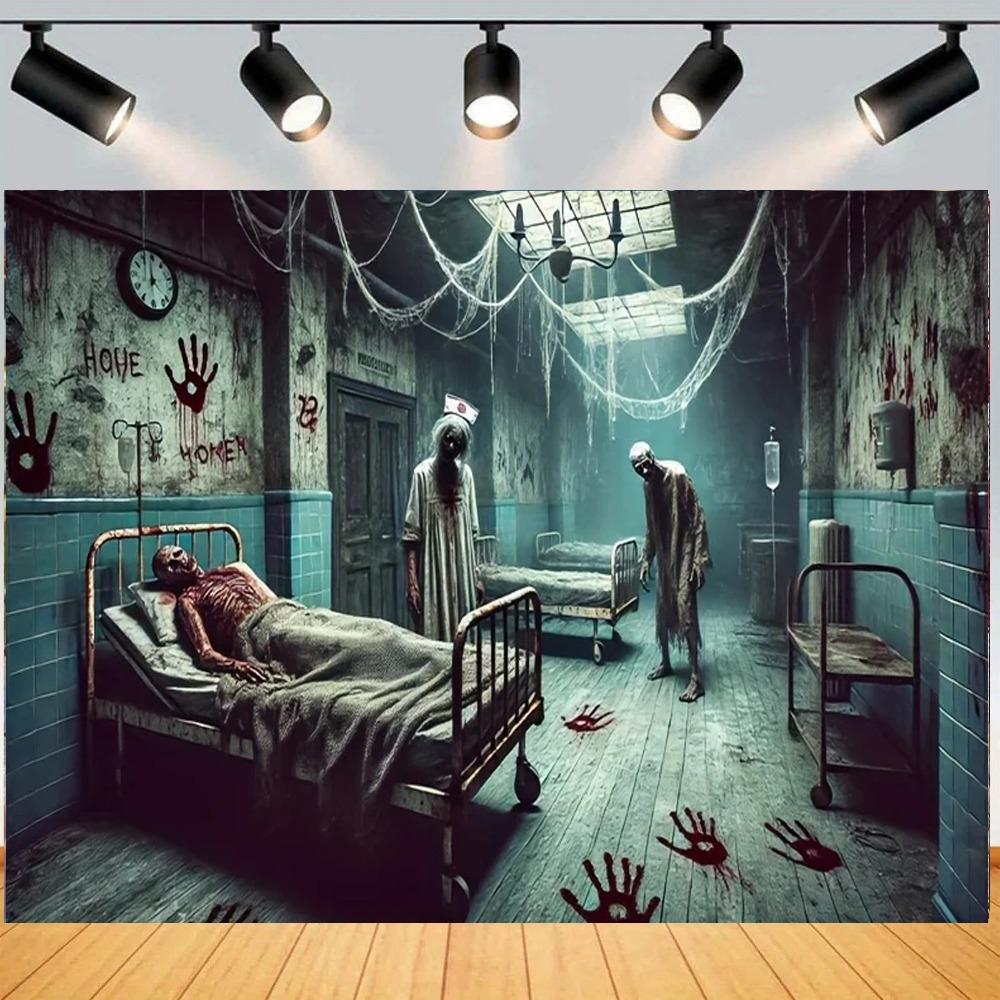 Halloween Terror House Zombie Patient Theme Banner Decoration Background Bloody Handprint Ghost Decoration Photography Backdrop