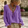 Women's Casual Solid-color Lace-trimmed Ruffled V-neck Bow-front Long-sleeve Blouse