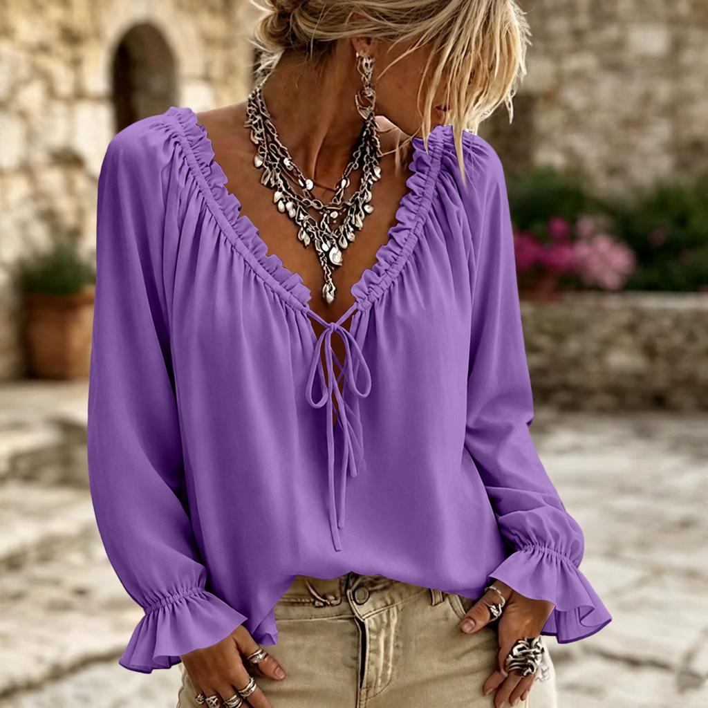 Women's Casual Solid-color Lace-trimmed Ruffled V-neck Bow-front Long-sleeve Blouse