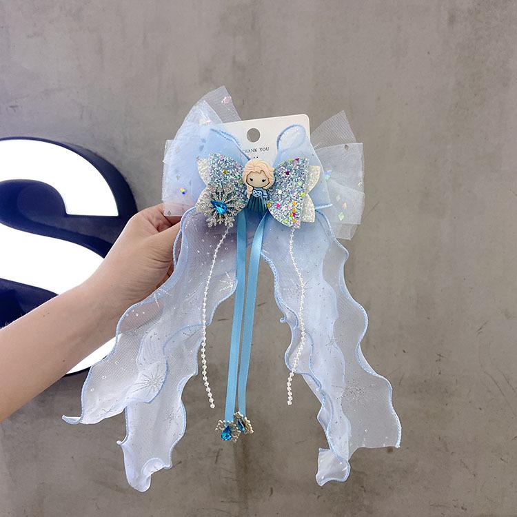 

Корейская заколка для волос с бантом принцессы и ниспадающей синей лентой