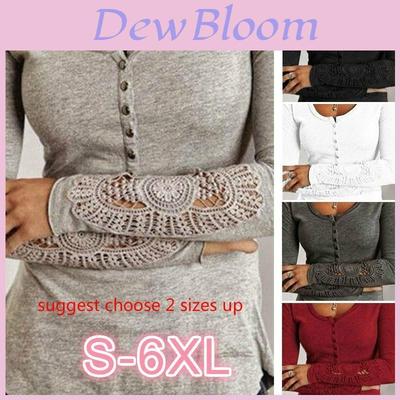 Women Casual Hollow Out Lace Long Sleeve Round Neck T-shirt In Soft Cotton
