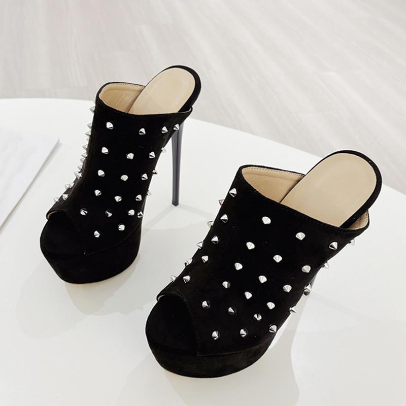 Fashion Liyke Runway Women Sexy 16CM Stiletto Slippers Metal Rivets Design Sandal Summer Platform High Heels Party Stripper Shoes Black
