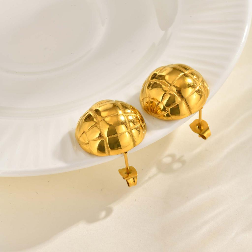 Glossy Hemisphere Braided Stud Earrings,Women's Stainless Steel Ball Earrings Gold Color,Fashion Jewelry Gift