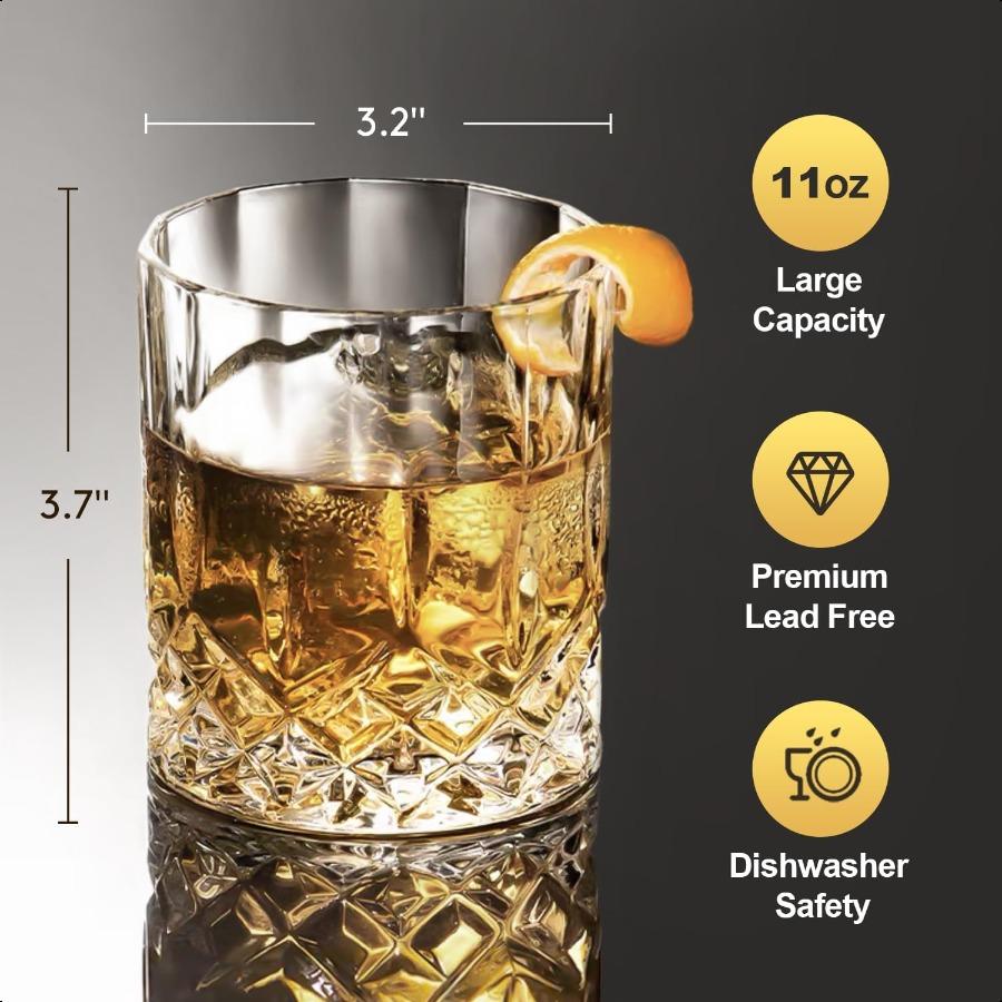 Whiskey Glasses Set of 6 11 OZ OldFashioned Rum and Scotch Glasses