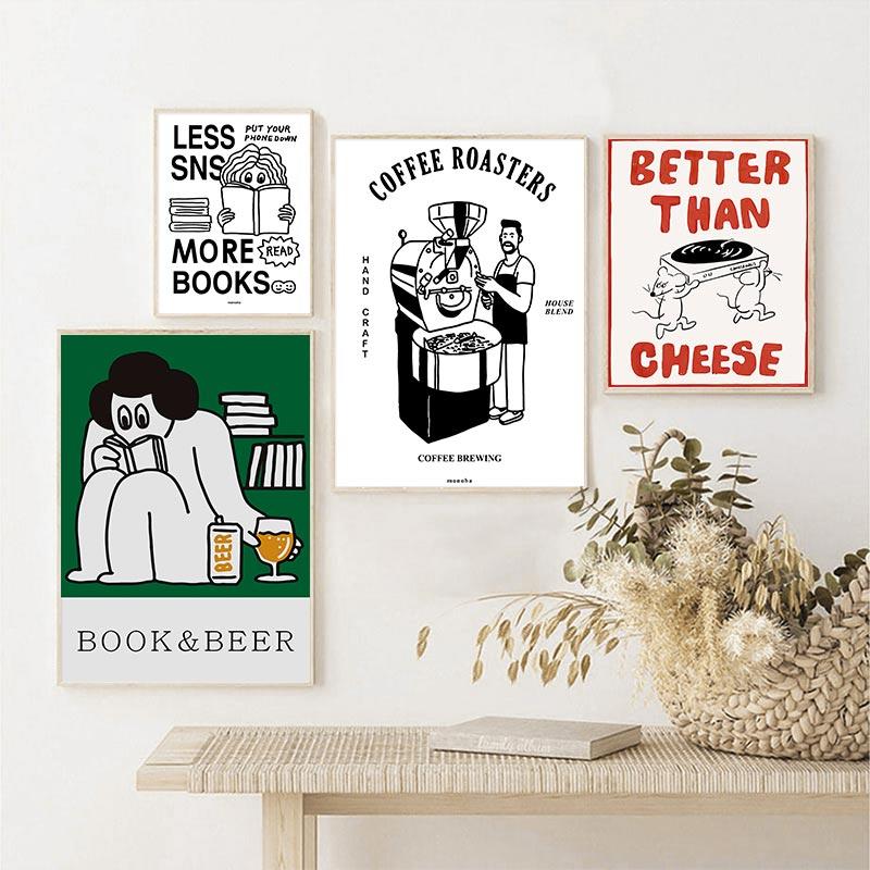 Korean Lovely Dinosaur Mouse Poster Black White Cartoon Canvas Painting Nordic Room Wall Art Picture For Home Interior Decor